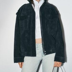 Zara Womens Leather Navy Blue Bomber Jacket Sz Medium